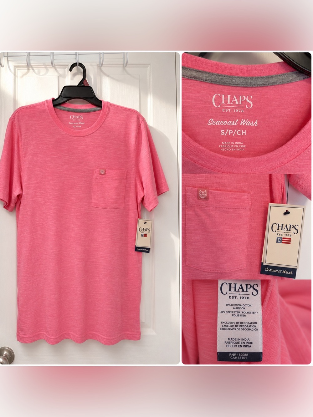 CHAPS Seacoast Wash Pink Pocket T-Shirt | Men’s Small (US S / UK S) | Super Soft